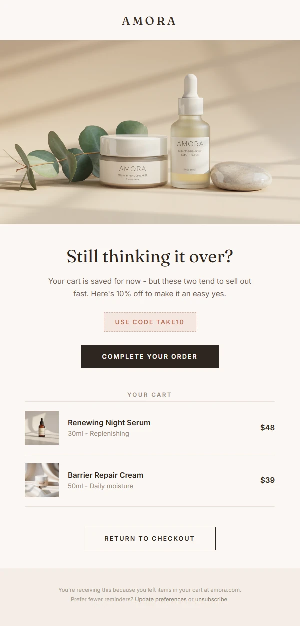 Abandoned cart ecommerce marketing email designed by InboxBuilder