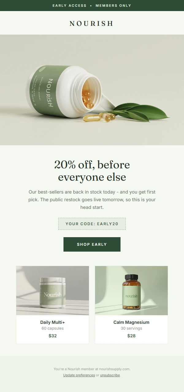 Early access ecommerce marketing email designed by InboxBuilder
