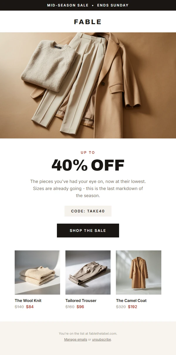 Seasonal sale marketing email designed by InboxBuilder