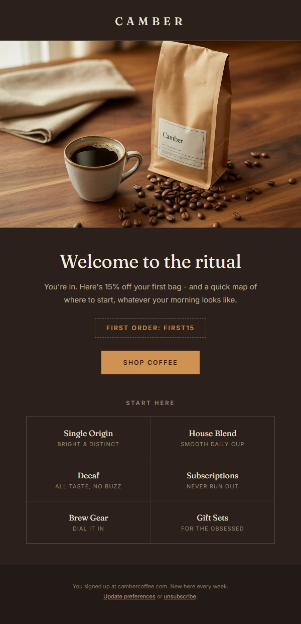 Welcome flow marketing email designed by InboxBuilder